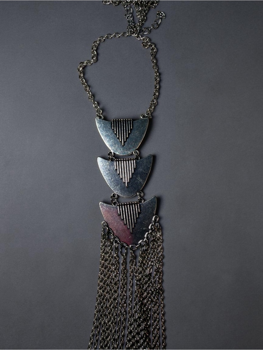 Statement Black Silver Fringe Pendant Necklace -